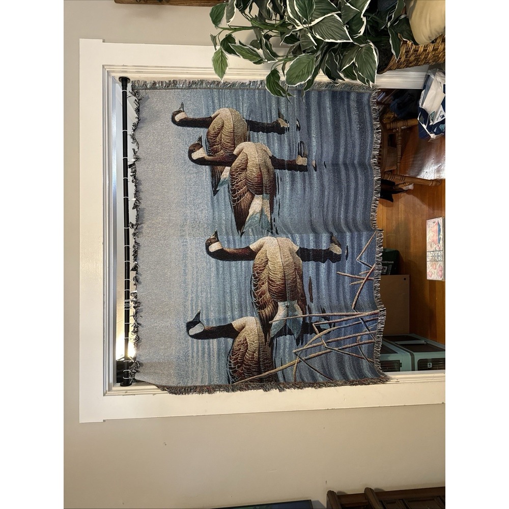 Cynthia Fisher Cotton Tapestry Fringe Throw Blanket Ducks On A Pond. 74X55"